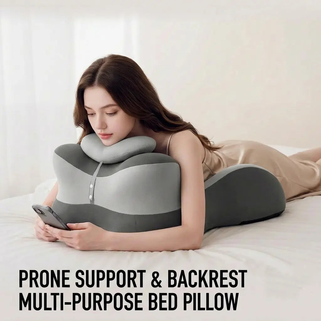 Ergonomic Face down Bed Pillow - Cooling Memory Foam Cushion with Firm Memory Foam Cushioning, Adjustable Neck Supportive Bolster for Reading, Phone Use, Machine Washable