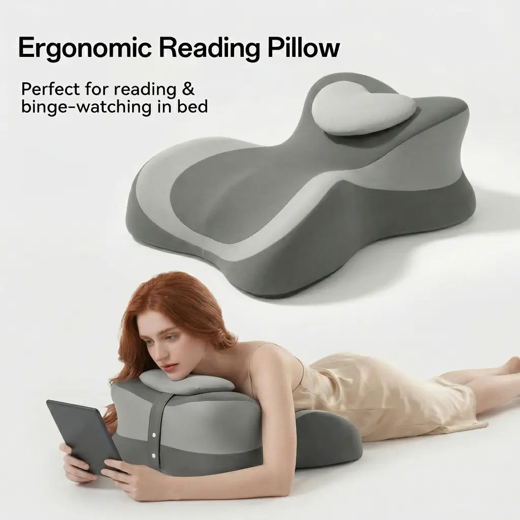 Ergonomic Face down Bed Pillow - Cooling Memory Foam Cushion with Firm Memory Foam Cushioning, Adjustable Neck Supportive Bolster for Reading, Phone Use, Machine Washable