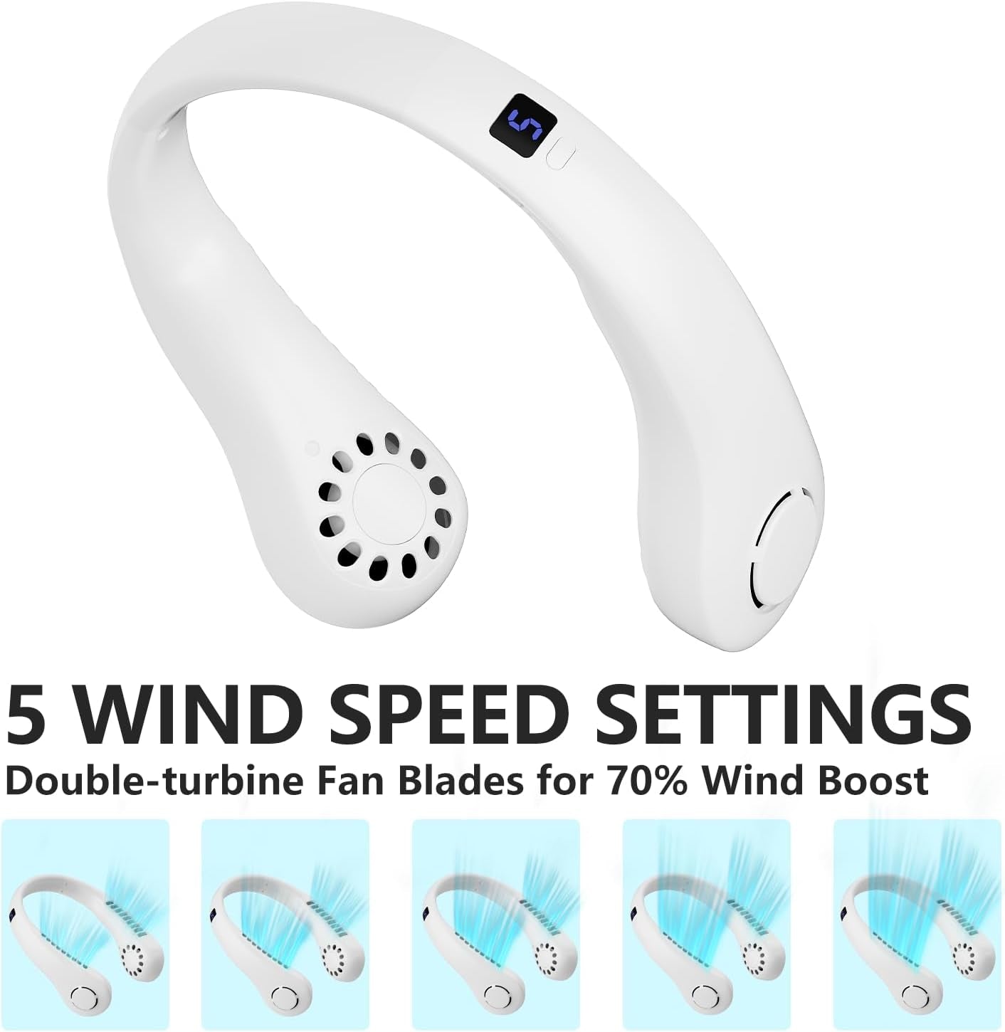 Portable Neck Fan, 360° Cooling Personal Fan with 5 Speeds, USB Rechargeable Wearable Neck Fan, Hands Free Bladeless Fan, Twistable, Mini Portable Fan, Gifts for Men Women Mom Dad, White