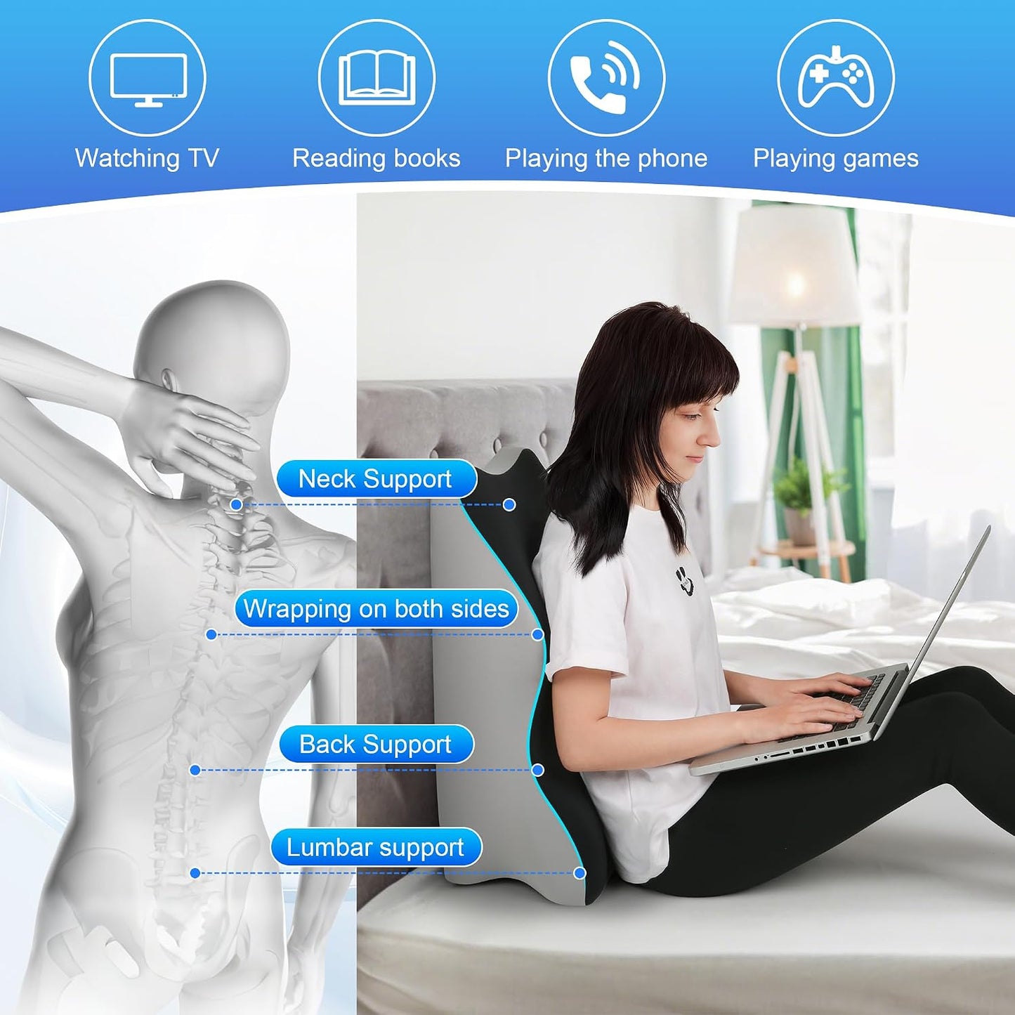 Reading Pillow for Bed, Adult Memory Foam Ergonomic Back Support Pillow for Sitting Up, Prone Pillow Face down Sleep, Wedge Pillow for Back Pain Relief