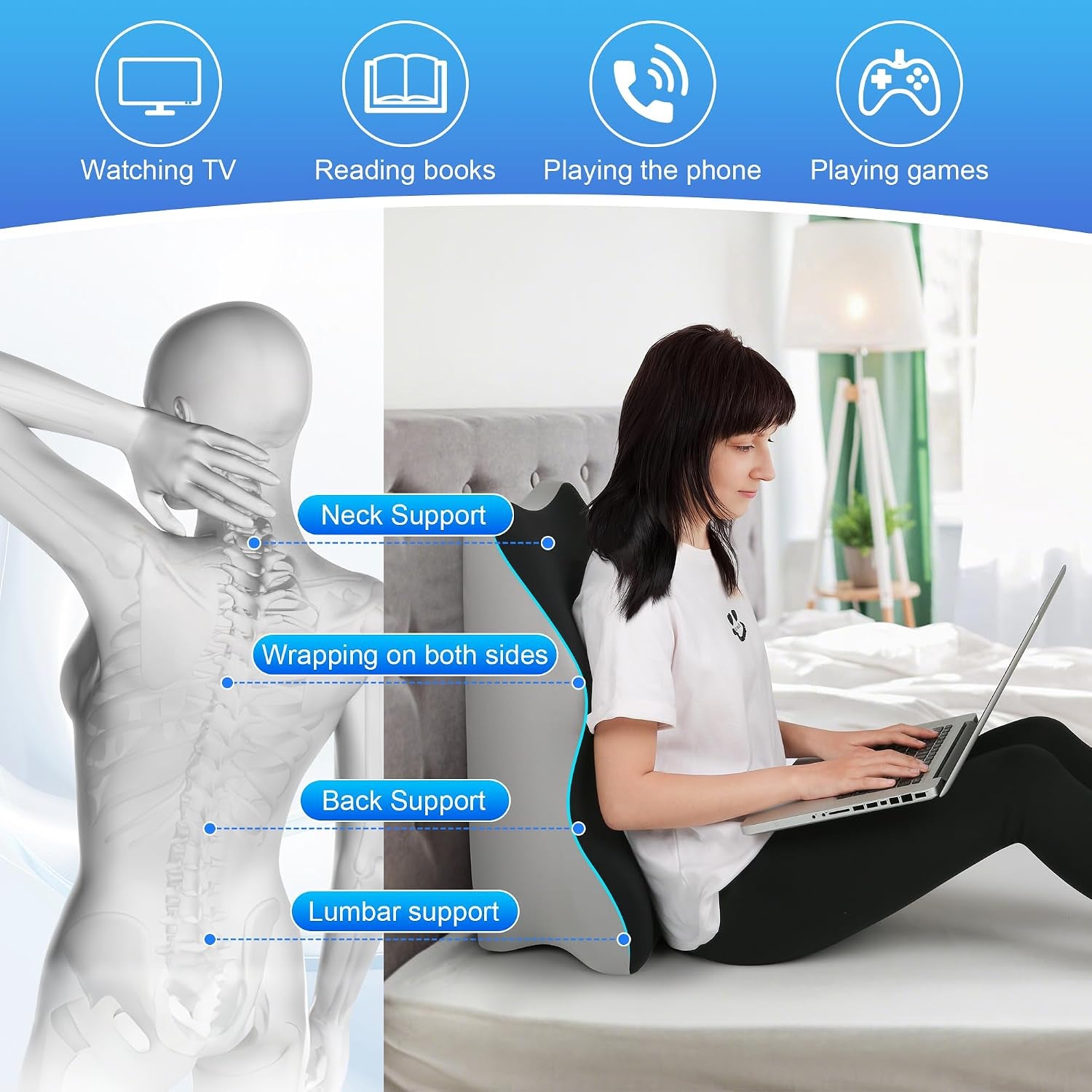 Reading Pillow for Bed, Adult Memory Foam Ergonomic Back Support Pillow for Sitting Up, Prone Pillow Face down Sleep, Wedge Pillow for Back Pain Relief
