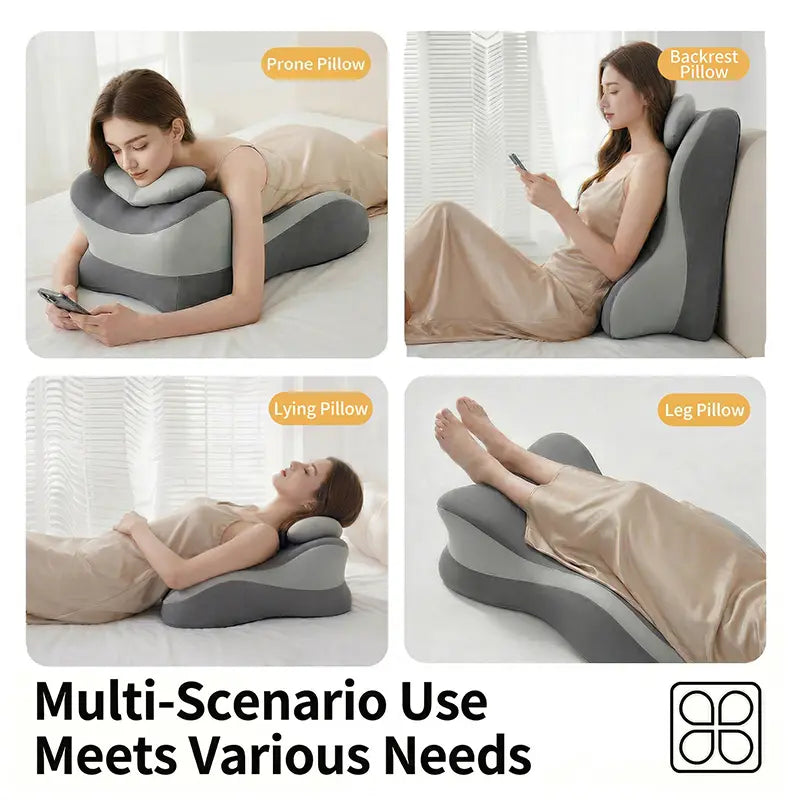 Ergonomic Face down Bed Pillow - Cooling Memory Foam Cushion with Firm Memory Foam Cushioning, Adjustable Neck Supportive Bolster for Reading, Phone Use, Machine Washable